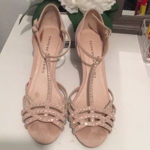 Chinese Laundry nude suede heels, iridescent gems